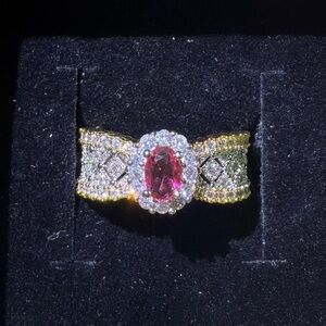 Gold-Tone Pink Oval Halo Cocktail Ring